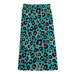 Turquoise And Pink Leopard Print Cotton Front Slit Maxi Skirt