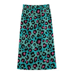 Turquoise And Pink Leopard Print Cotton Front Slit Maxi Skirt
