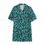 Turquoise And Pink Leopard Print Cotton Hawaiian Shirt