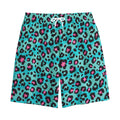 Turquoise And Pink Leopard Print Cotton Shorts