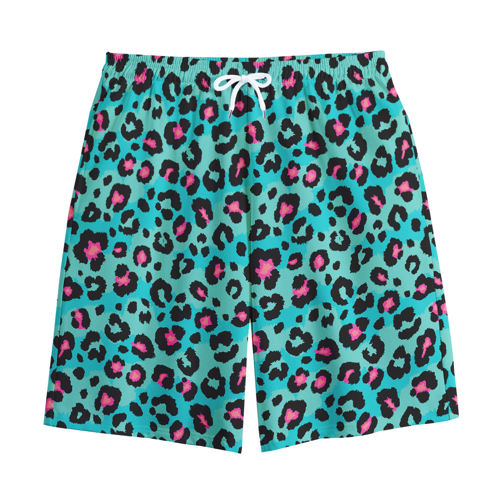 Turquoise And Pink Leopard Print Cotton Shorts