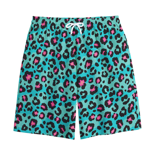 Turquoise And Pink Leopard Print Cotton Shorts