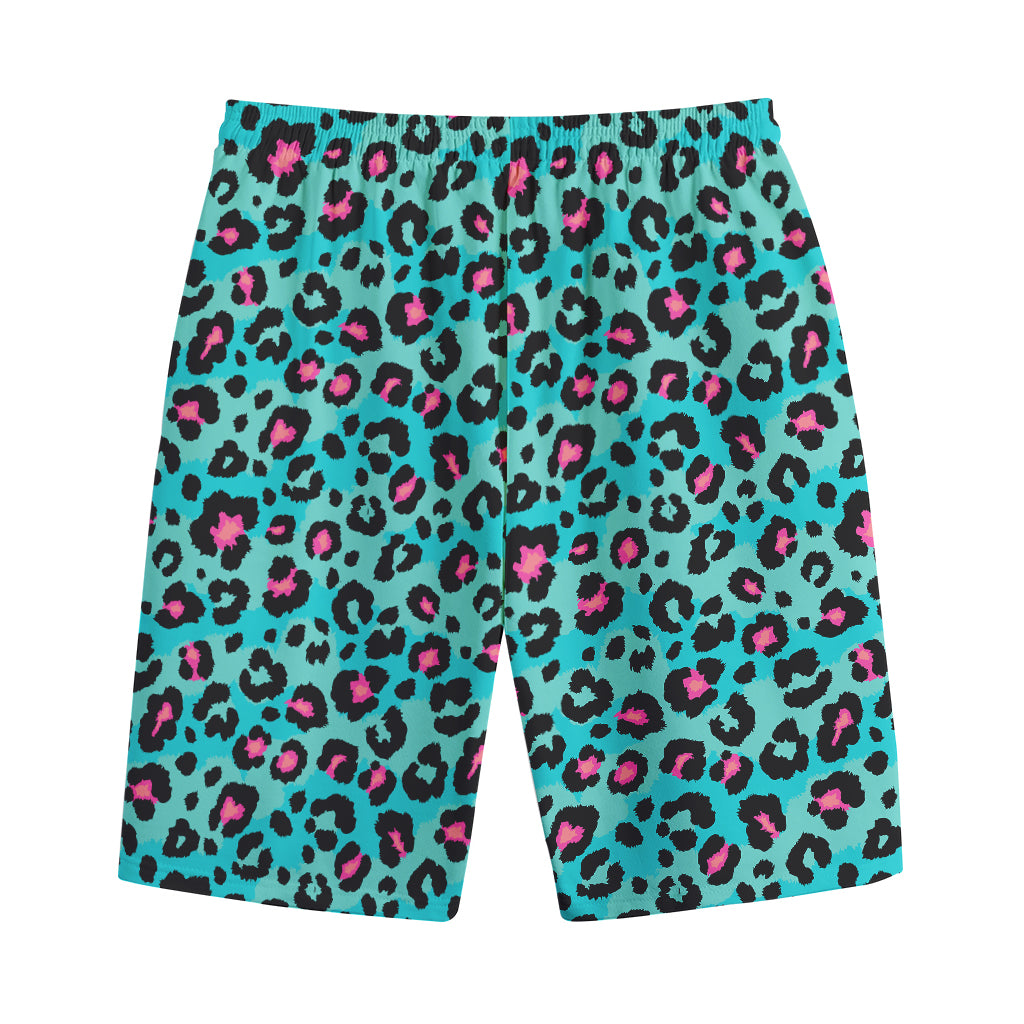Turquoise And Pink Leopard Print Cotton Shorts
