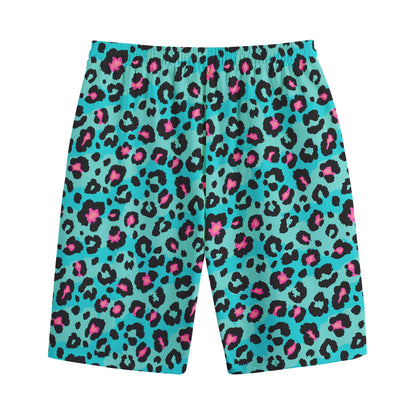 Turquoise And Pink Leopard Print Cotton Shorts