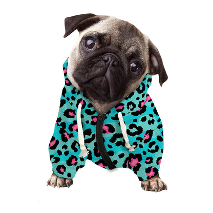 Turquoise And Pink Leopard Print Dog Zip Up Hoodie