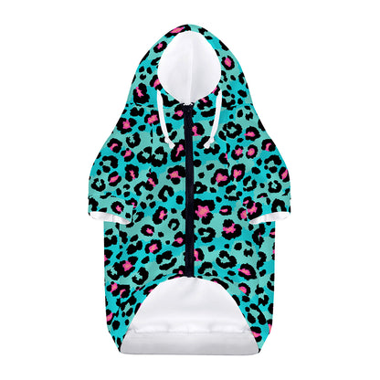 Turquoise And Pink Leopard Print Dog Zip Up Hoodie