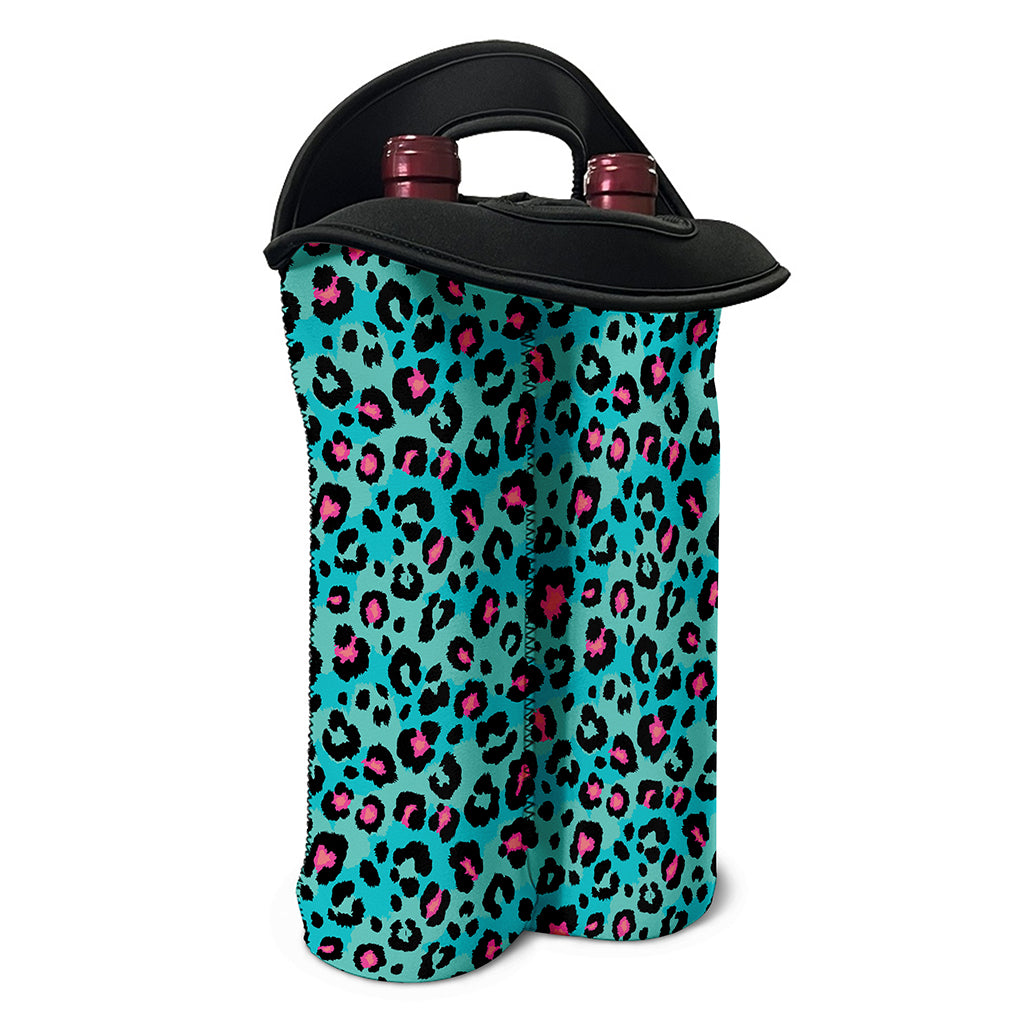 Turquoise And Pink Leopard Print Double Neoprene Wine Tote