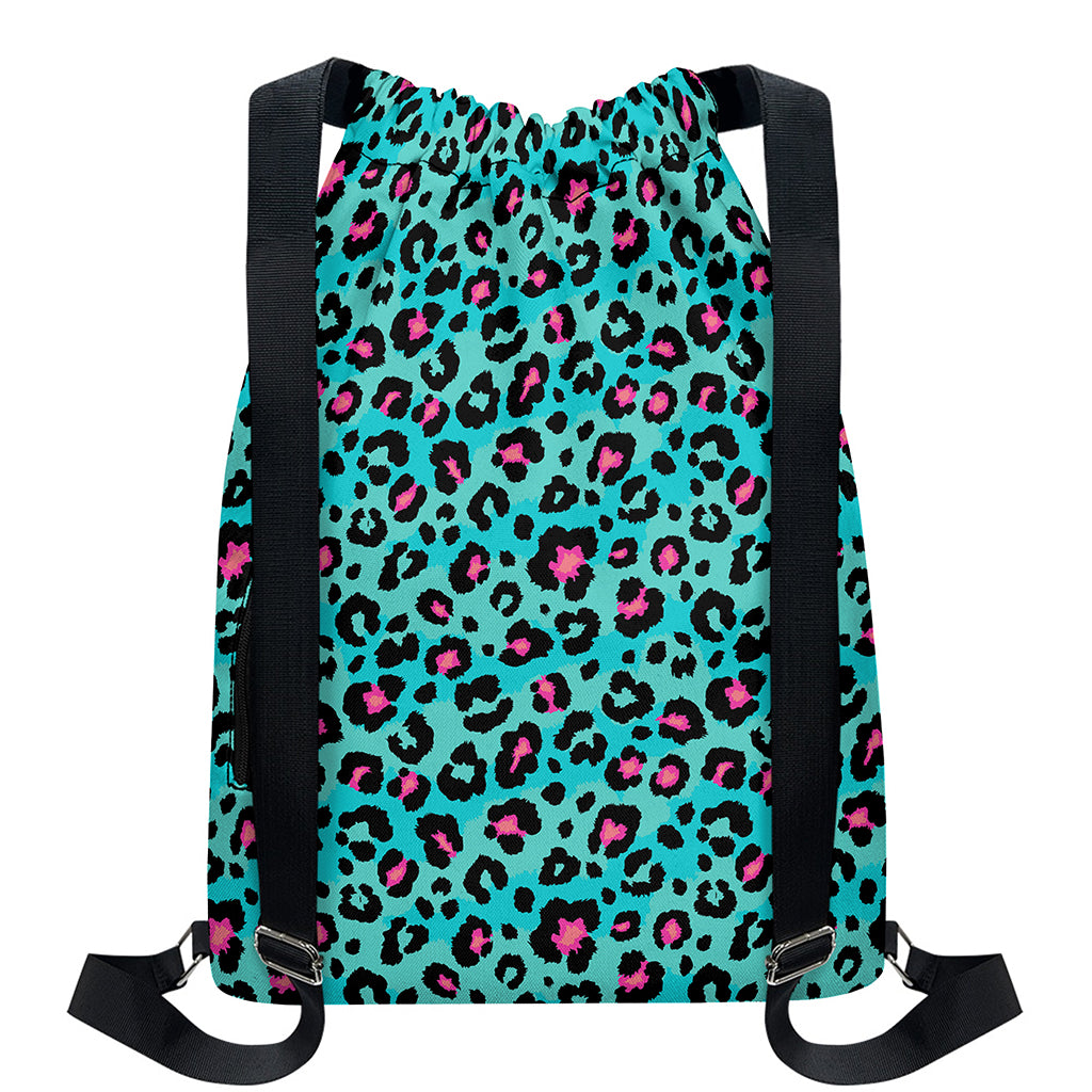 Turquoise And Pink Leopard Print Drawstring Backpack