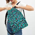 Turquoise And Pink Leopard Print Drawstring Backpack