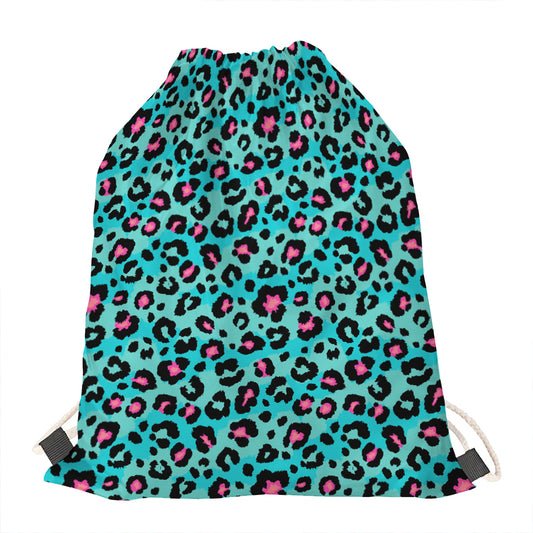 Turquoise And Pink Leopard Print Drawstring Bag