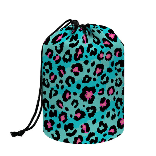 Turquoise And Pink Leopard Print Drawstring Makeup Bag