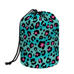 Turquoise And Pink Leopard Print Drawstring Makeup Bag
