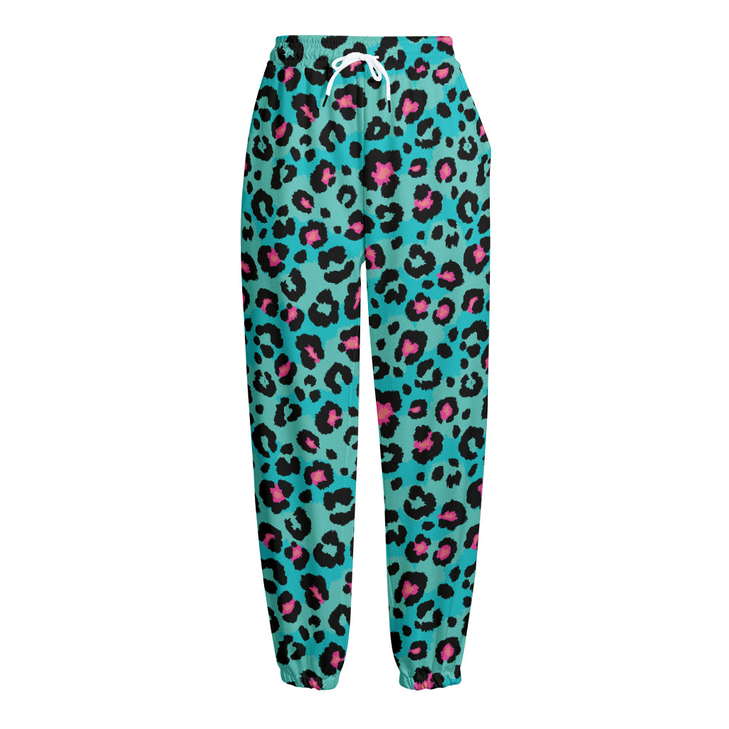 Turquoise And Pink Leopard Print Fleece Lined Knit Pants