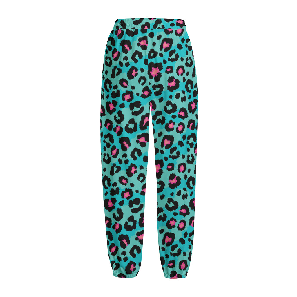Turquoise And Pink Leopard Print Fleece Lined Knit Pants