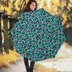 Turquoise And Pink Leopard Print Foldable Umbrella