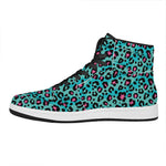 Turquoise And Pink Leopard Print High Top Leather Sneakers