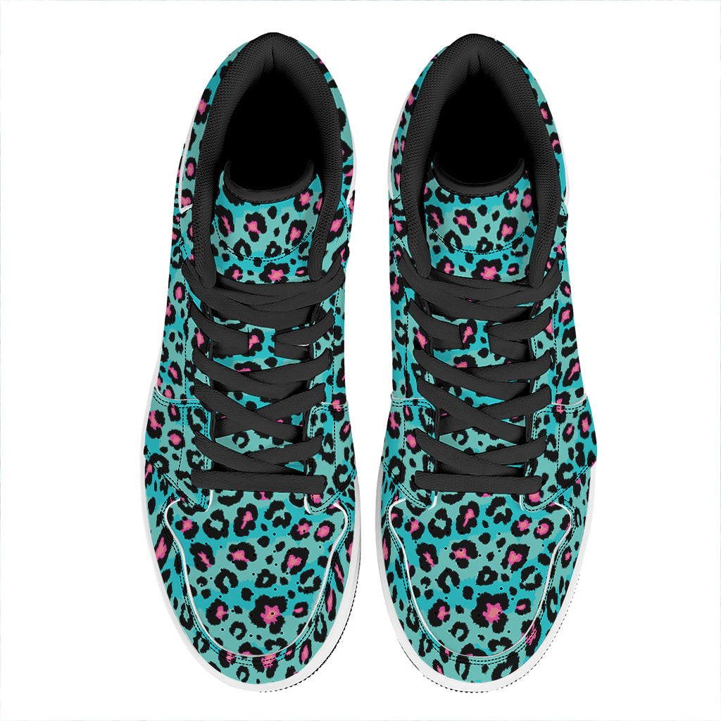 Turquoise And Pink Leopard Print High Top Leather Sneakers