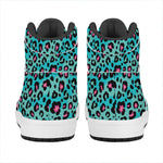 Turquoise And Pink Leopard Print High Top Leather Sneakers