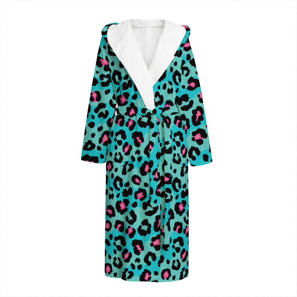 Turquoise And Pink Leopard Print Hooded Bathrobe