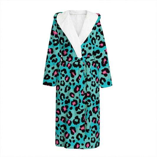 Turquoise And Pink Leopard Print Hooded Bathrobe
