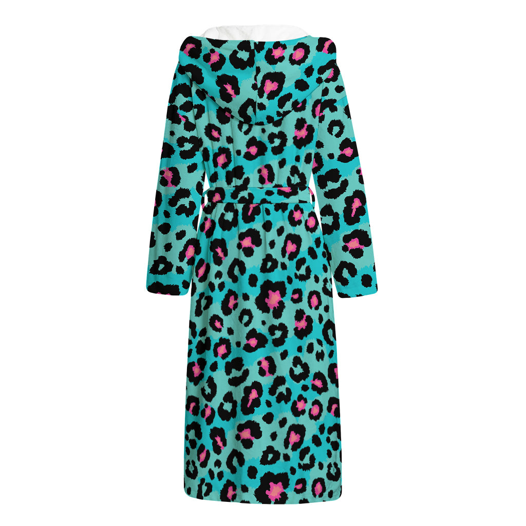 Turquoise And Pink Leopard Print Hooded Bathrobe