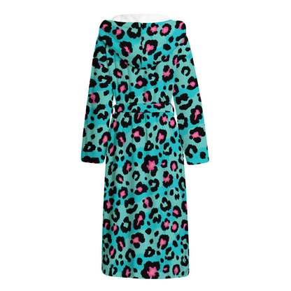 Turquoise And Pink Leopard Print Hooded Bathrobe
