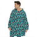Turquoise And Pink Leopard Print Hoodie Blanket
