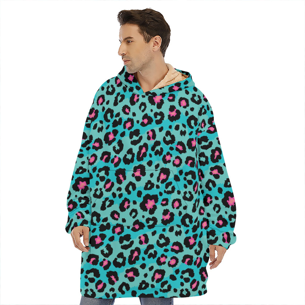 Turquoise And Pink Leopard Print Hoodie Blanket