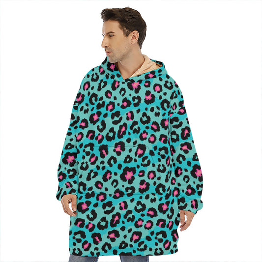 Turquoise And Pink Leopard Print Hoodie Blanket
