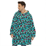 Turquoise And Pink Leopard Print Hoodie Blanket