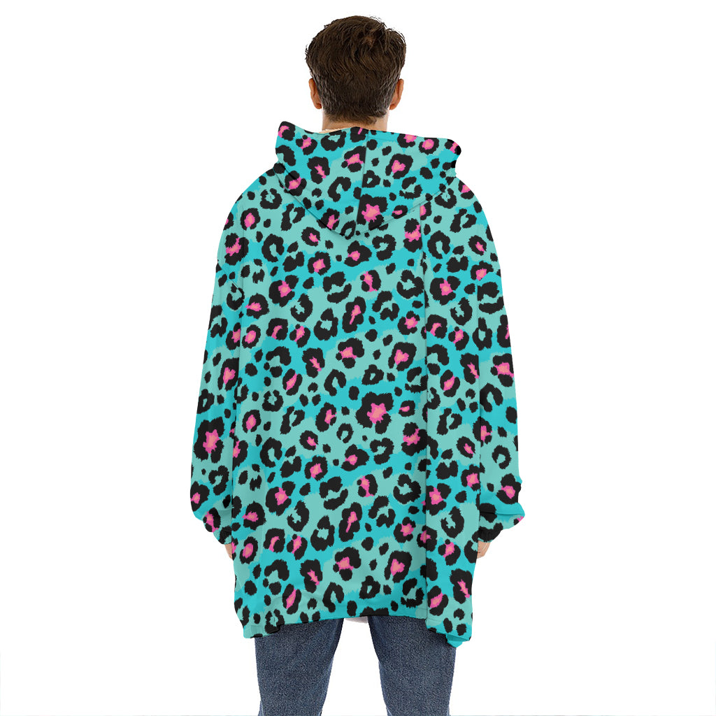 Turquoise And Pink Leopard Print Hoodie Blanket