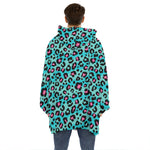 Turquoise And Pink Leopard Print Hoodie Blanket
