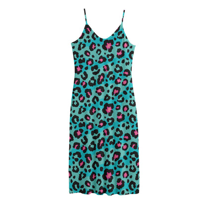 Turquoise And Pink Leopard Print Jersey Midi Cami Dress