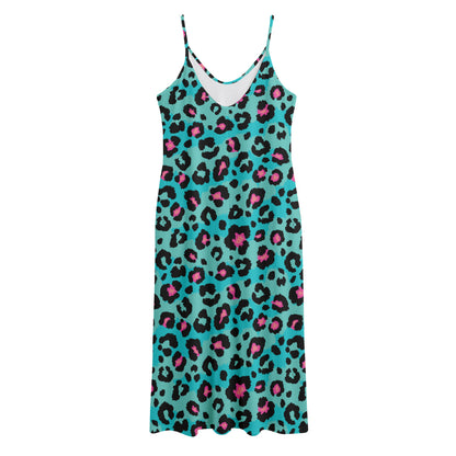 Turquoise And Pink Leopard Print Jersey Midi Cami Dress