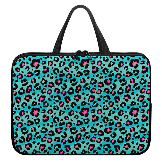 Turquoise And Pink Leopard Print Laptop Sleeve With Handle