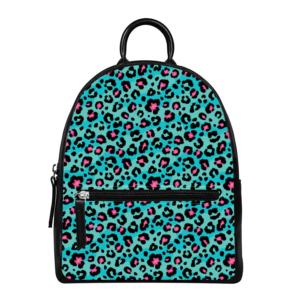 Turquoise And Pink Leopard Print Leather Backpack