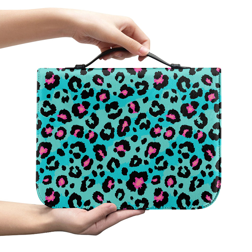 Turquoise And Pink Leopard Print Leather Bible Cover