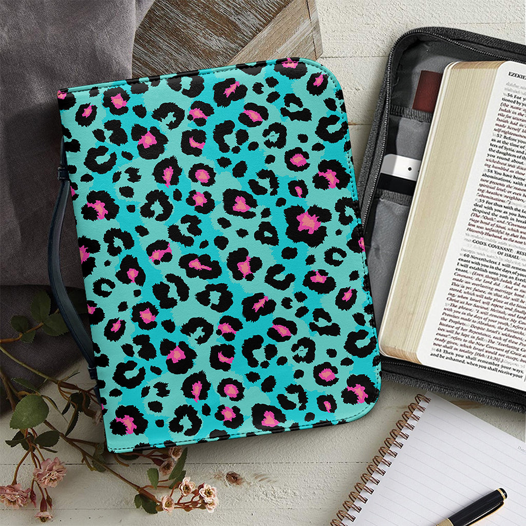 Turquoise And Pink Leopard Print Leather Bible Cover