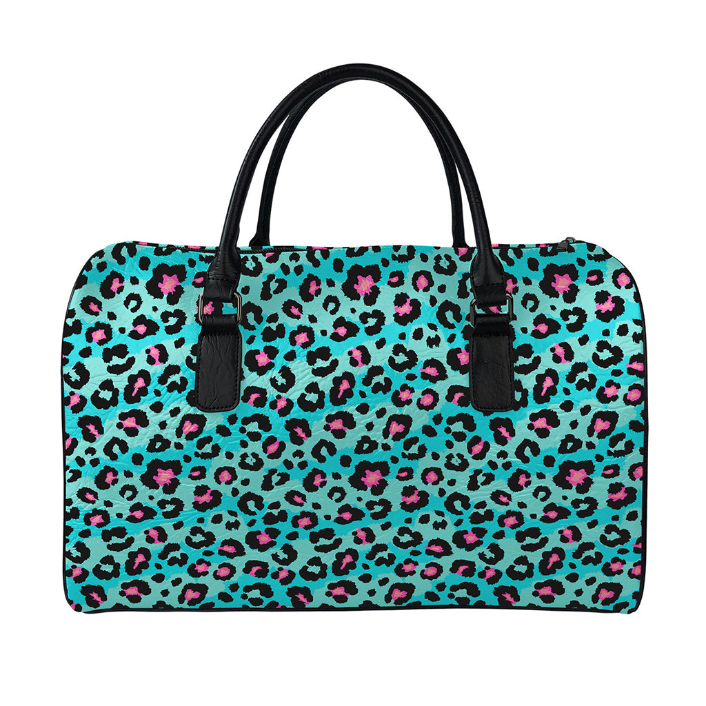 Turquoise And Pink Leopard Print Leather Duffle Bag