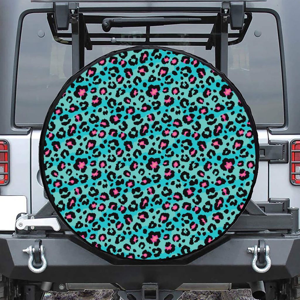 Turquoise And Pink Leopard Print Leather Spare Tire Cover