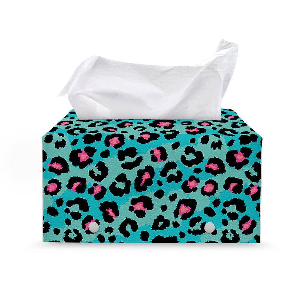 Turquoise And Pink Leopard Print Leather Tissue Box Cover