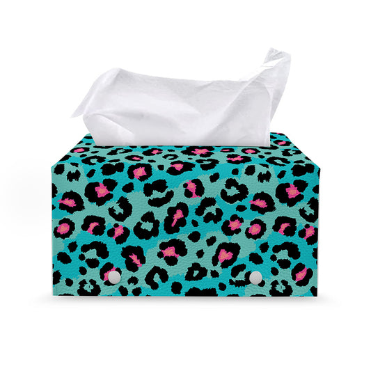 Turquoise And Pink Leopard Print Leather Tissue Box Cover