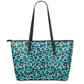 Turquoise And Pink Leopard Print Leather Tote Bag With Zipper