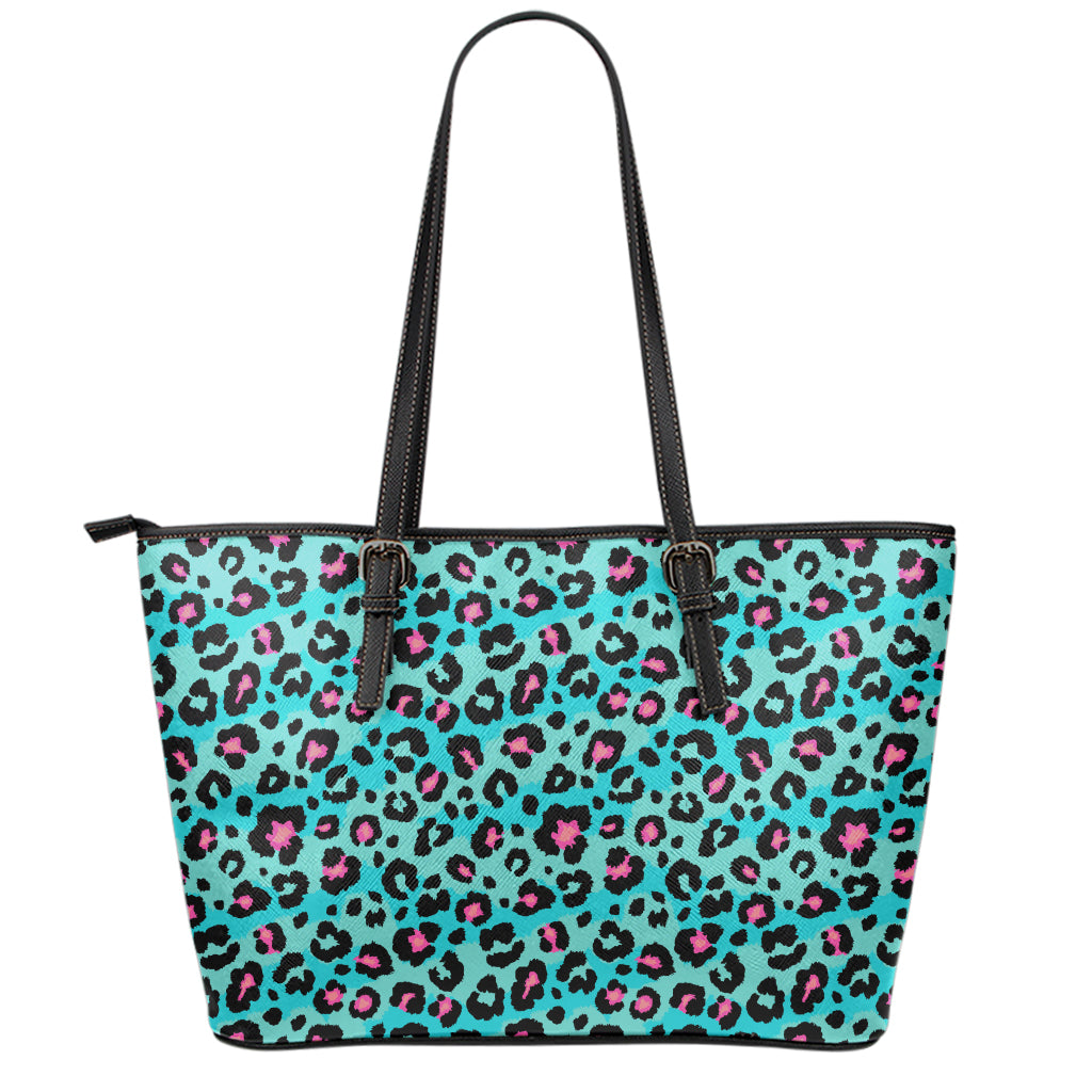 Turquoise And Pink Leopard Print Leather Tote Bag