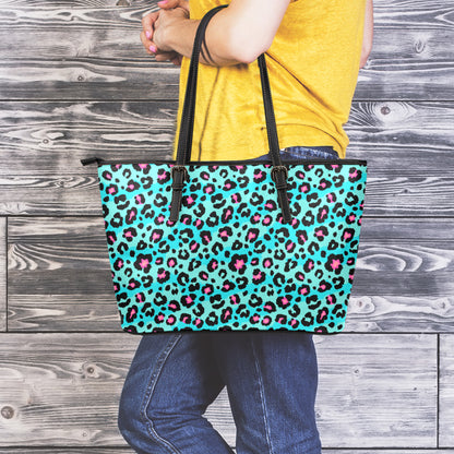 Turquoise And Pink Leopard Print Leather Tote Bag