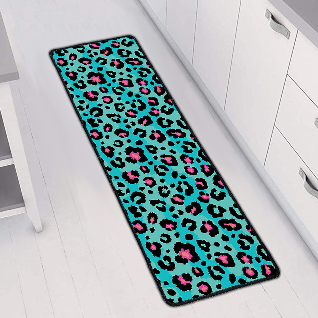 Turquoise And Pink Leopard Print Long Kitchen Mat