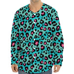 Turquoise And Pink Leopard Print Long Sleeve Baseball Jersey