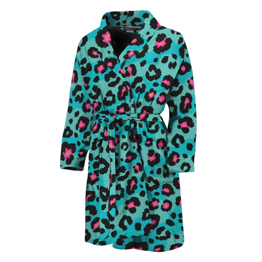 Turquoise And Pink Leopard Print Men's Bathrobe