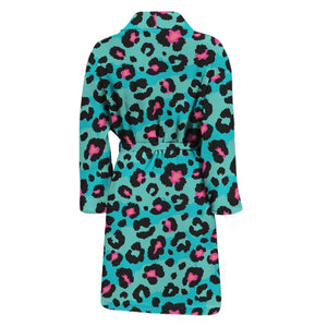 Turquoise And Pink Leopard Print Men's Bathrobe