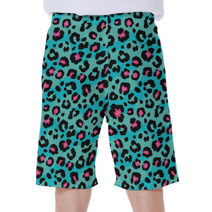 Turquoise And Pink Leopard Print Men's Beach Shorts